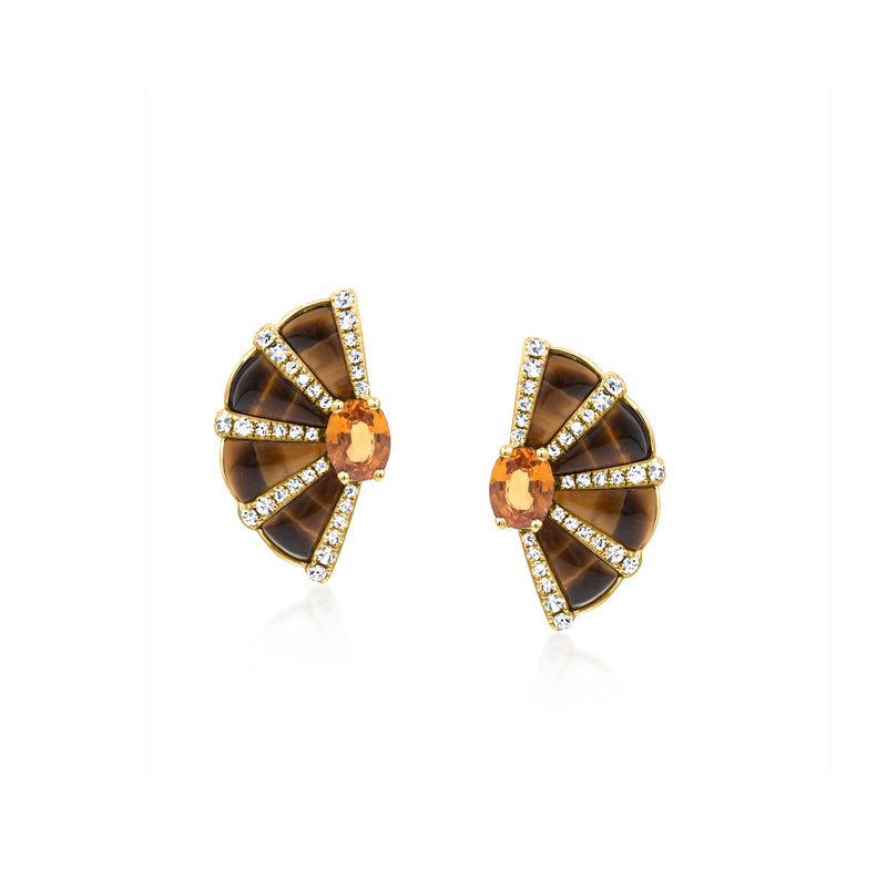 14kt yellow gold post earrings with orange garnet and tiger eye, framed by diamonds