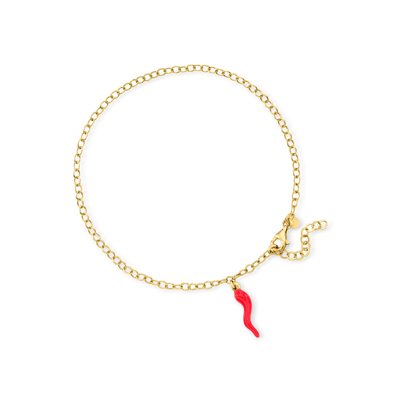 Red enamel horn anklet with 18kt gold over sterling chain and charm