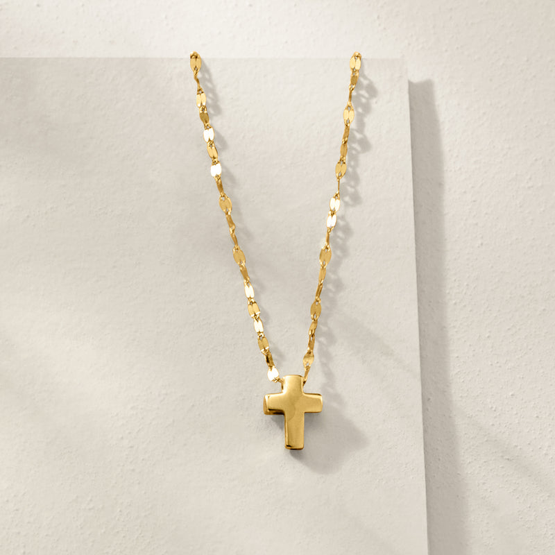 14kt yellow gold cross chain necklace with polished cross pendant on link chain