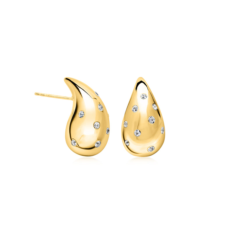 Gold teardrop stud earrings with clear stones, post backs and bezel settings