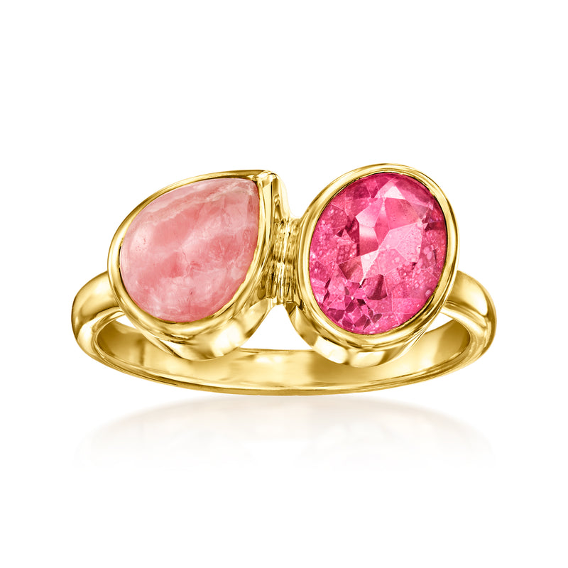 Two-stone toi et moi ring in gold with pink oval gemstones and prong settings