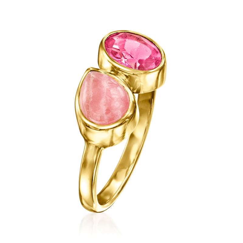 Pink oval gemstone toi et moi ring with gold bezel prongs