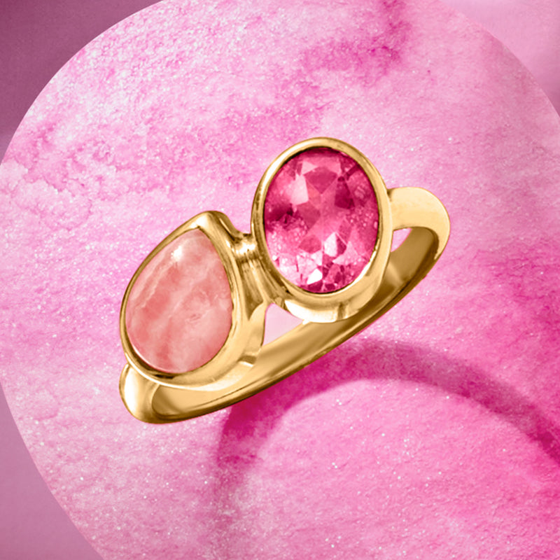 Gold toi et moi ring with pink rhodochrosite and pink topaz oval stones