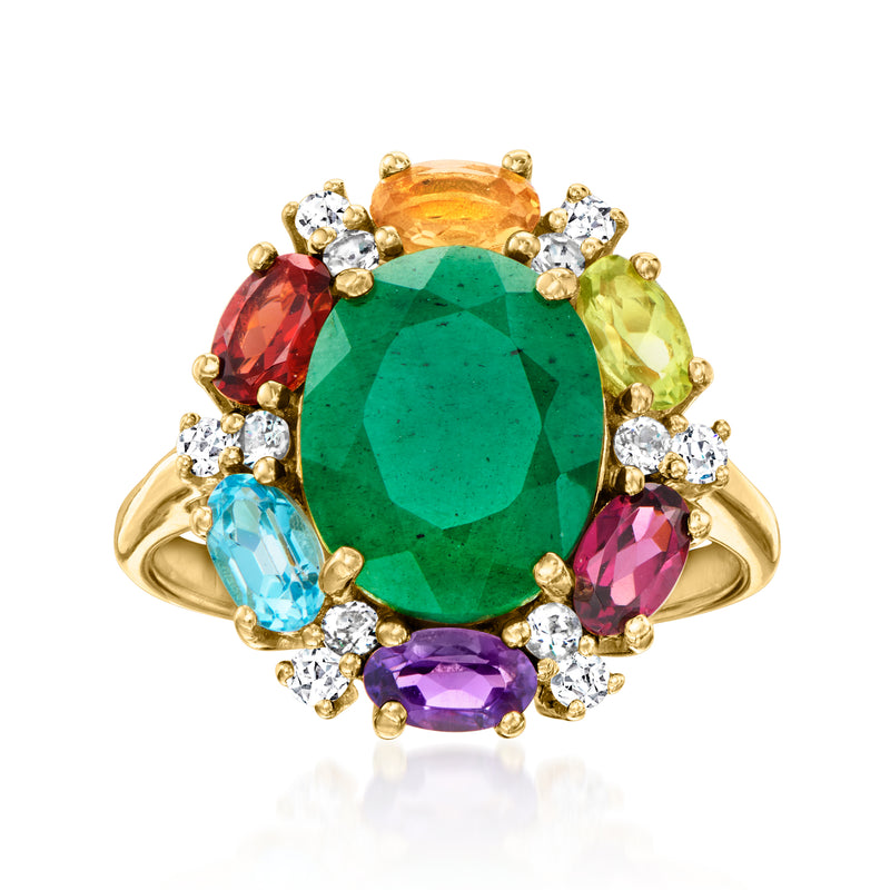 Oval green center gemstone multi-gem ring in gold-tone prongs with colorful side stones