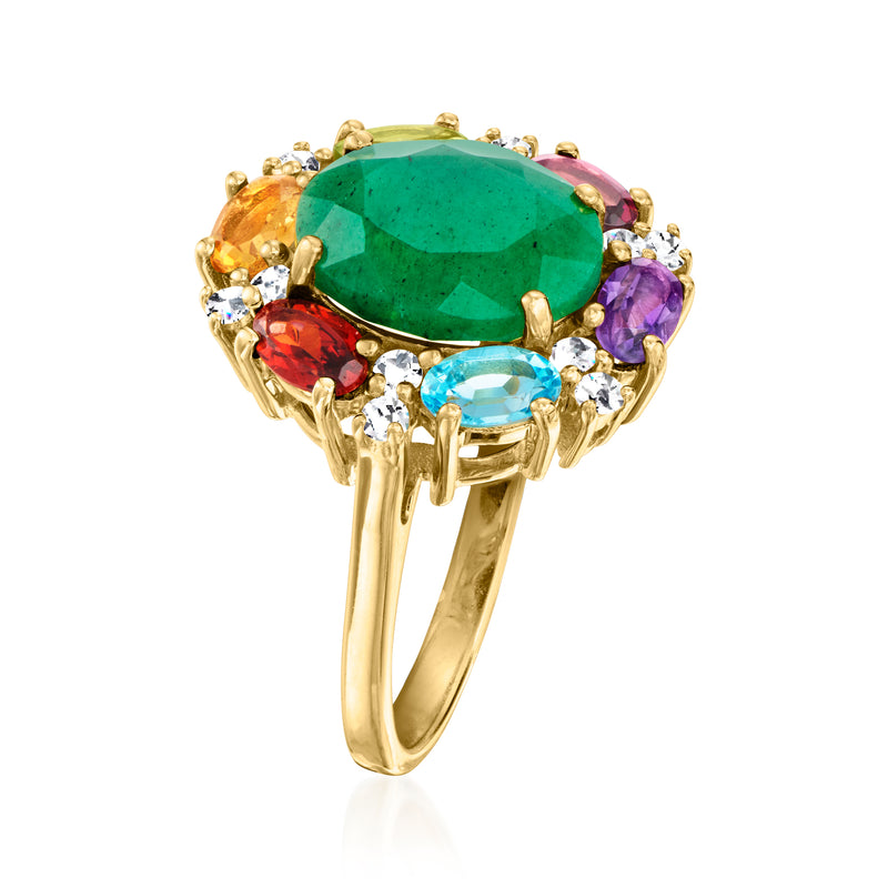 Green oval gemstone halo ring with purple, blue, orange, red side stones in gold-tone
