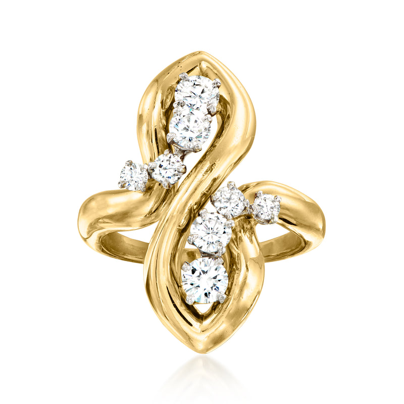 Vintage yellow gold swirl ring with round diamonds, multi-stone setting