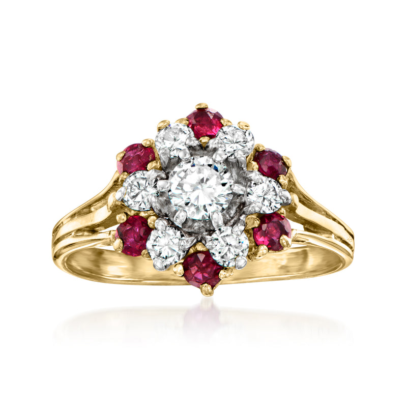 14kt yellow gold flower ring with round white diamonds and red ruby stones