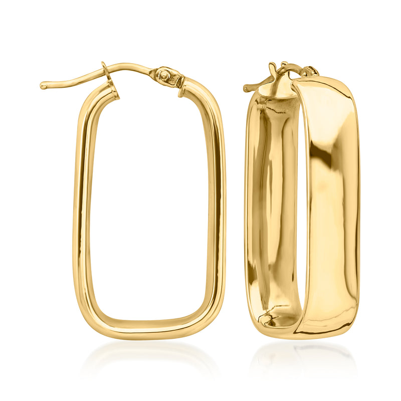 Yellow gold rectangular hoop earrings with latch, polished finish