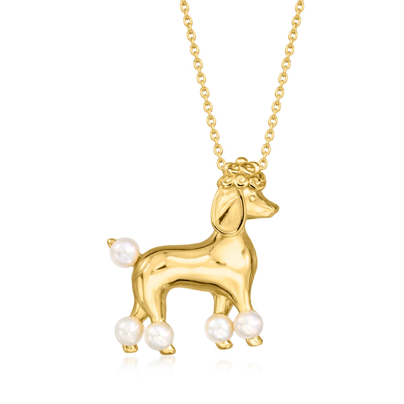 Gold poodle pendant necklace with cultured pearl drops and bead chain