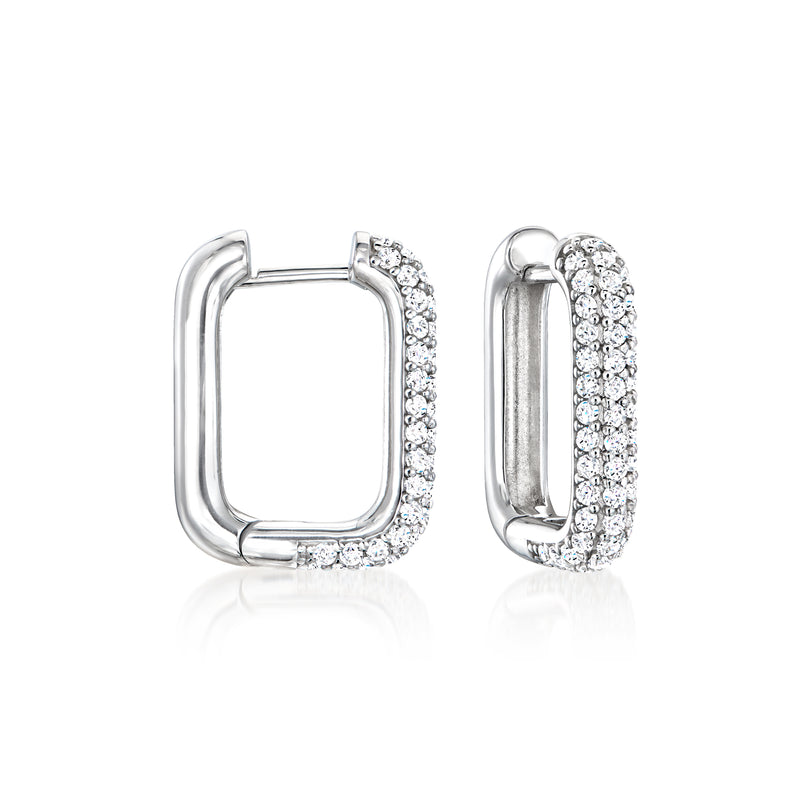 Sterling silver square hoop earrings with pave CZ stones on outer edges