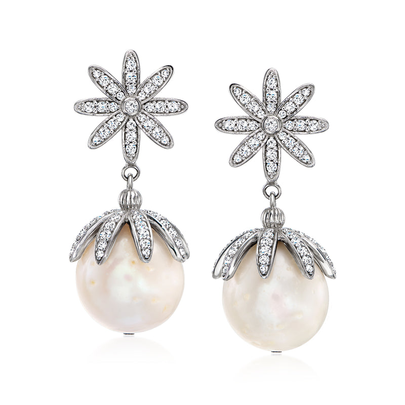 Sterling silver cultured pearl drop earrings with CZ floral starburst and dangling pearl