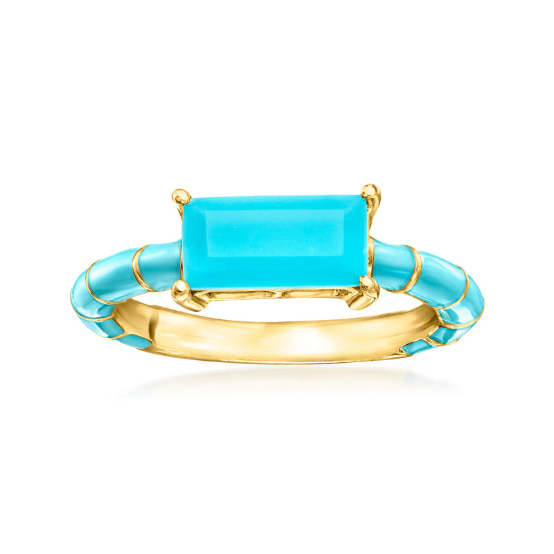 Turquoise enamel and blue gemstone ring with gold-tone bezel and open band