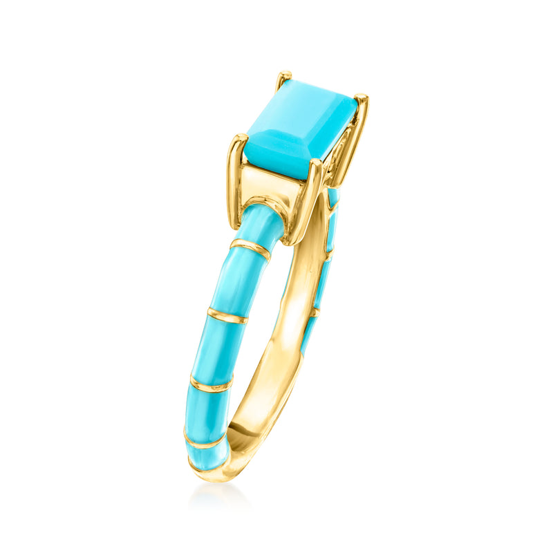 Turquoise enamel rectangular ring with blue inlay, gold-tone open band, side view