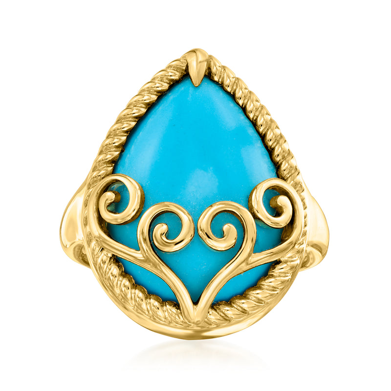 Gold scrollwork ring with turquoise teardrop center stone
