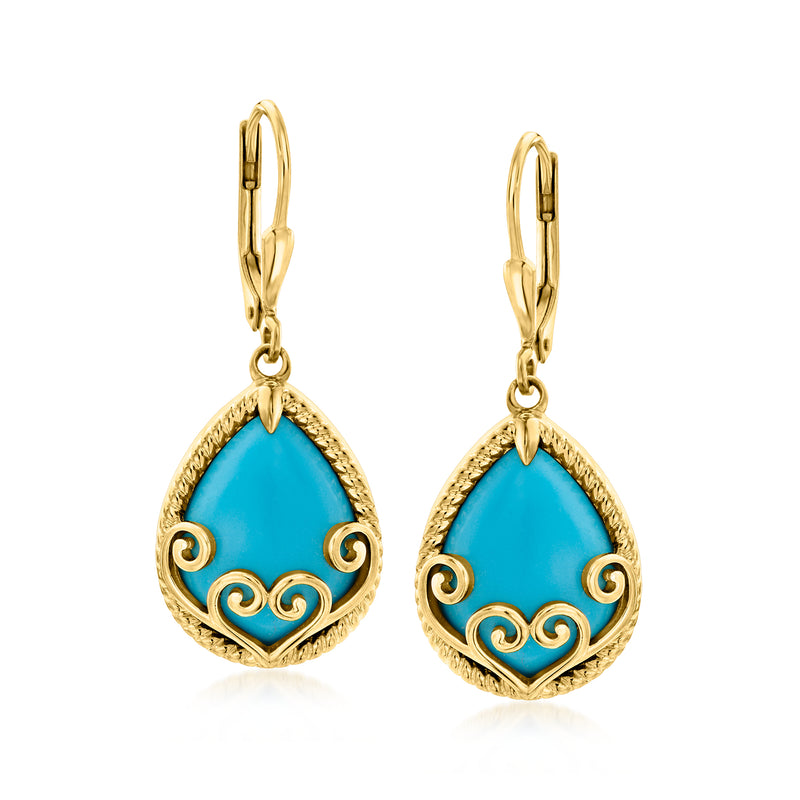 Gold-tone leverback drop earrings with turquoise teardrop scrollwork and ornate border