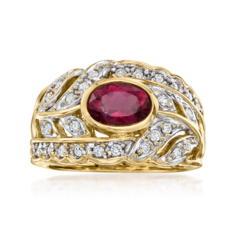 14kt yellow gold floral ring with oval pink tourmaline and diamond accents