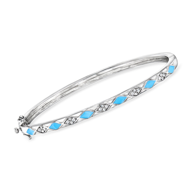 Sterling silver bangle bracelet with blue enamel inlaid bar and diamond accents