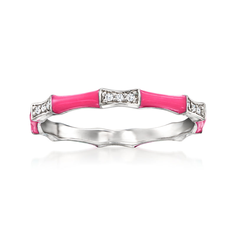 Sterling silver station ring with pink enamel bands and prong-set diamond accents
