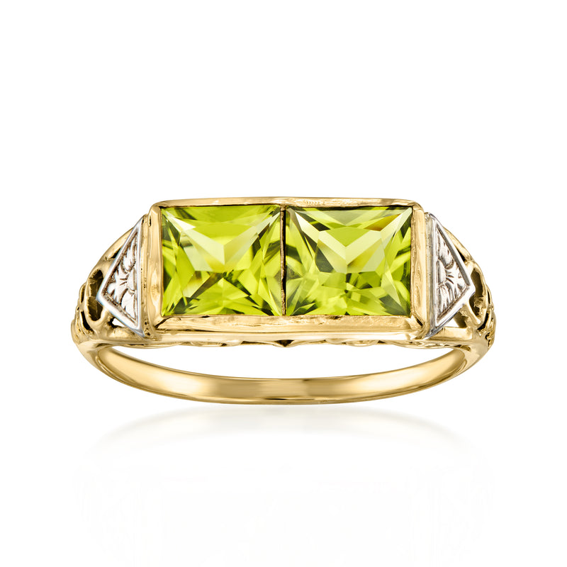 Two-tone gold peridot filigree vintage ring with rectangular green gemstone center