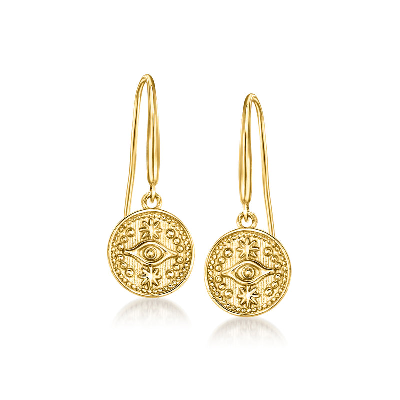 14kt yellow gold evil eye drop earrings with engraved round medallion, earwire hooks