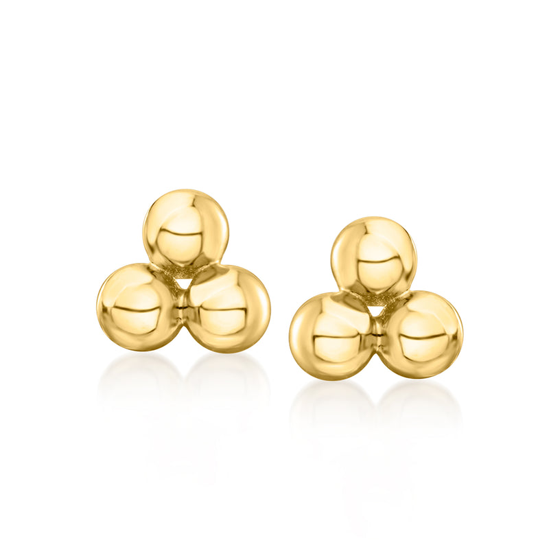 14kt yellow gold triple-bead stud earrings, three round beads per stud