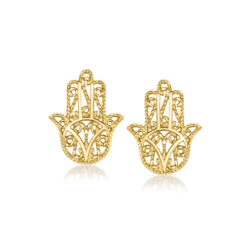 Yellow gold hamsa hand filigree post earrings