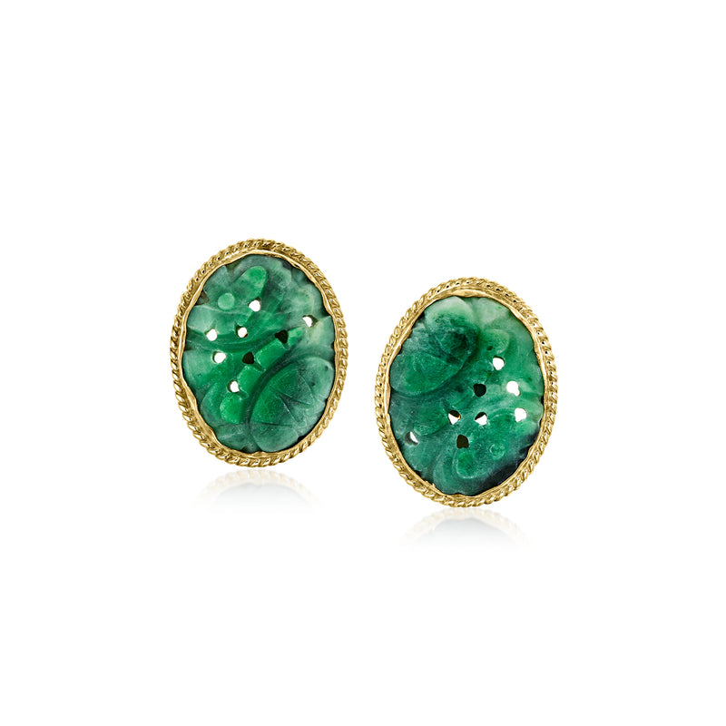 Oval carved green jade clip earrings in 14kt yellow gold halo settings