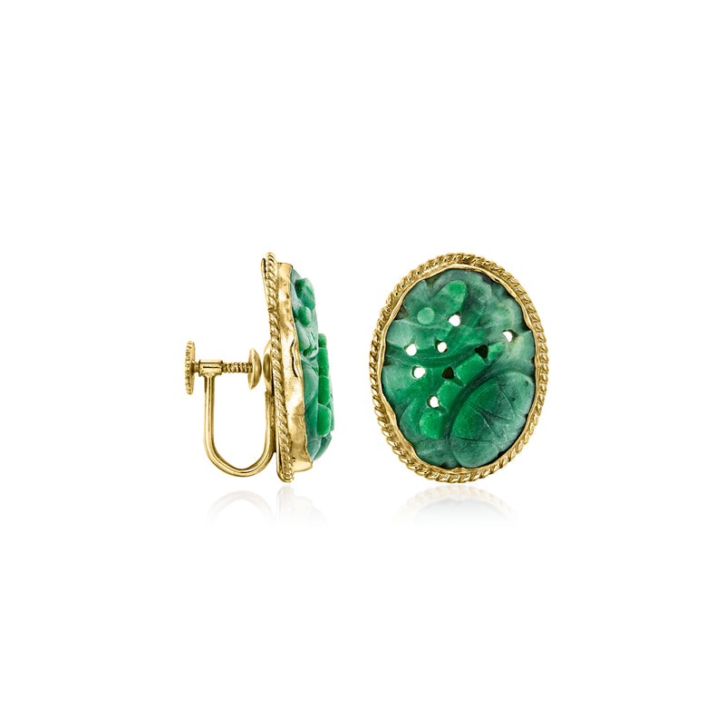 14kt yellow gold oval jade clip earrings, side view with hinge and latch backs