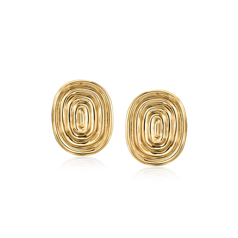 14kt yellow gold ridged oval clip earrings with concentric swirl ridges