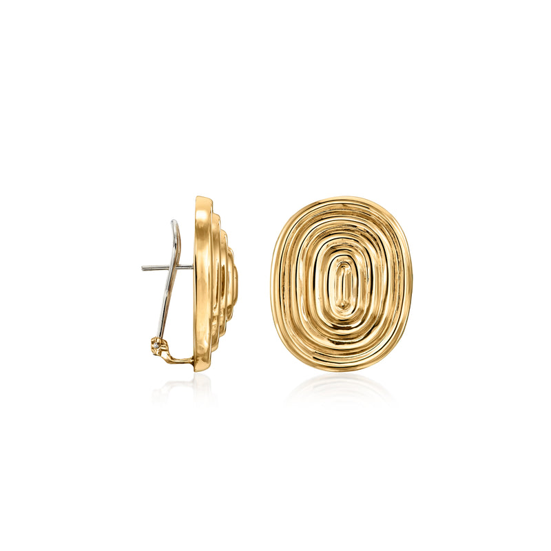 14kt yellow gold ridged oval earrings, side view with post backing