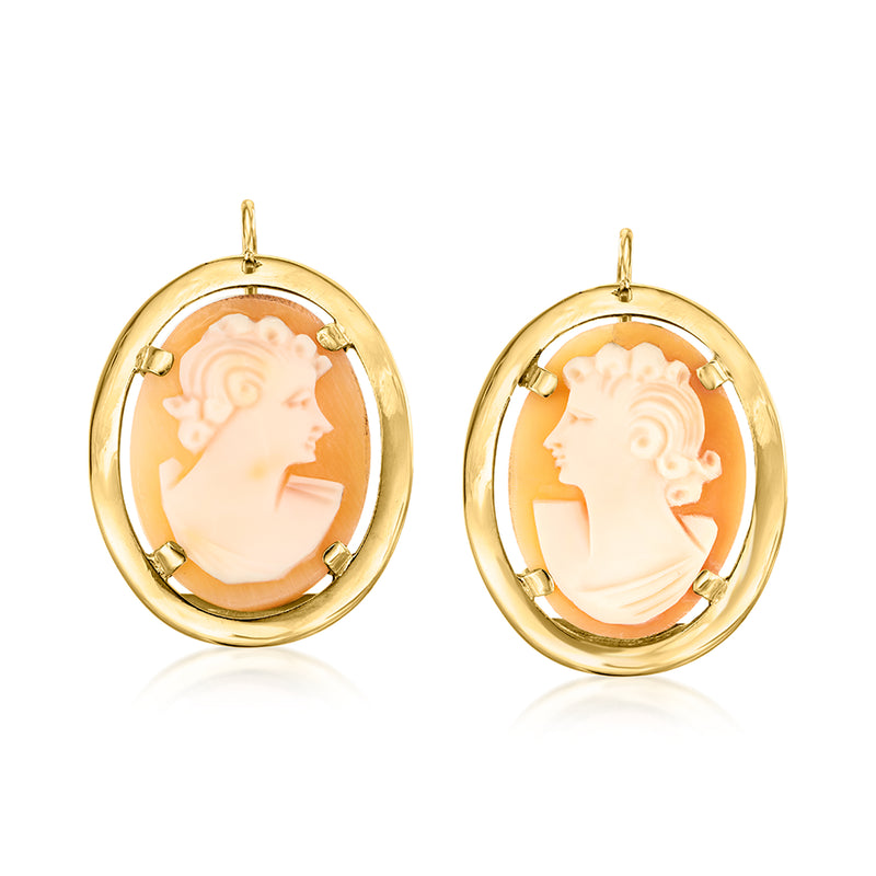 Vintage oval shell cameo earrings, orange cameo in 18kt yellow gold, earwire style