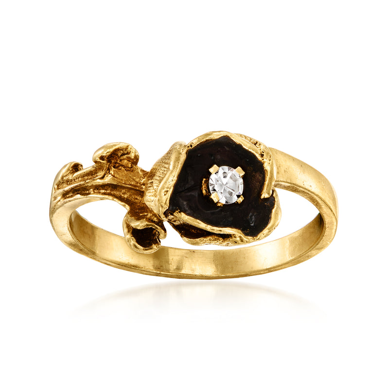 Vintage yellow gold rose ring with black oval setting and round diamond