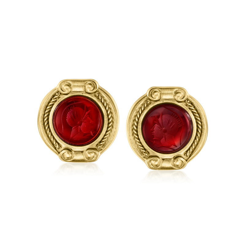 Vintage red carnelian intaglio stud earrings in yellow gold, round bezel setting