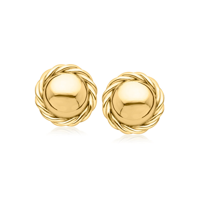 Twisted gold button stud earrings with polished round center, post backs