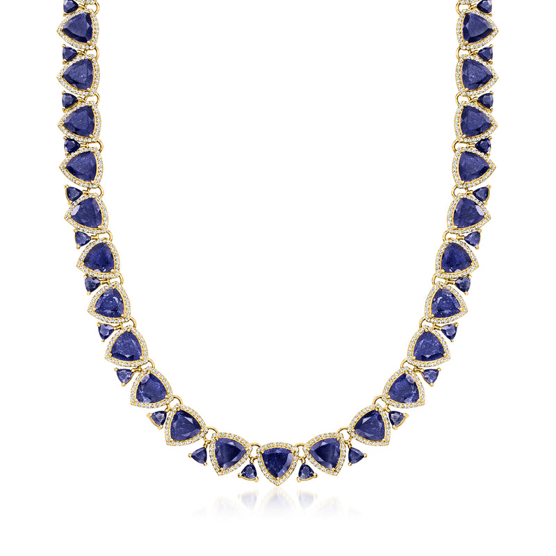 Sapphire gemstone tennis necklace in 18kt gold over sterling with blue oval stones