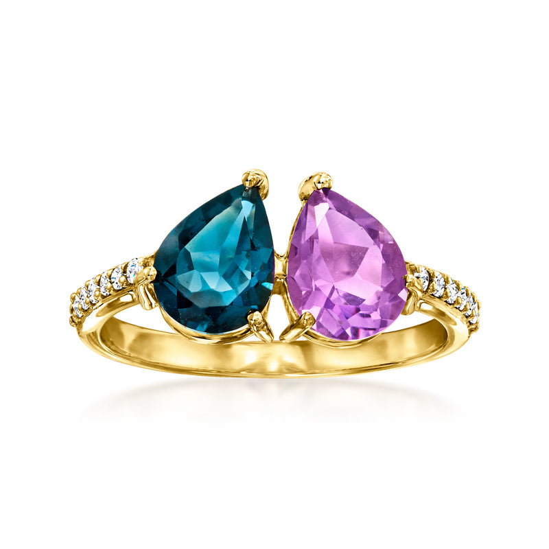 14kt yellow gold toi et moi ring with oval blue topaz, oval amethyst, diamond accents