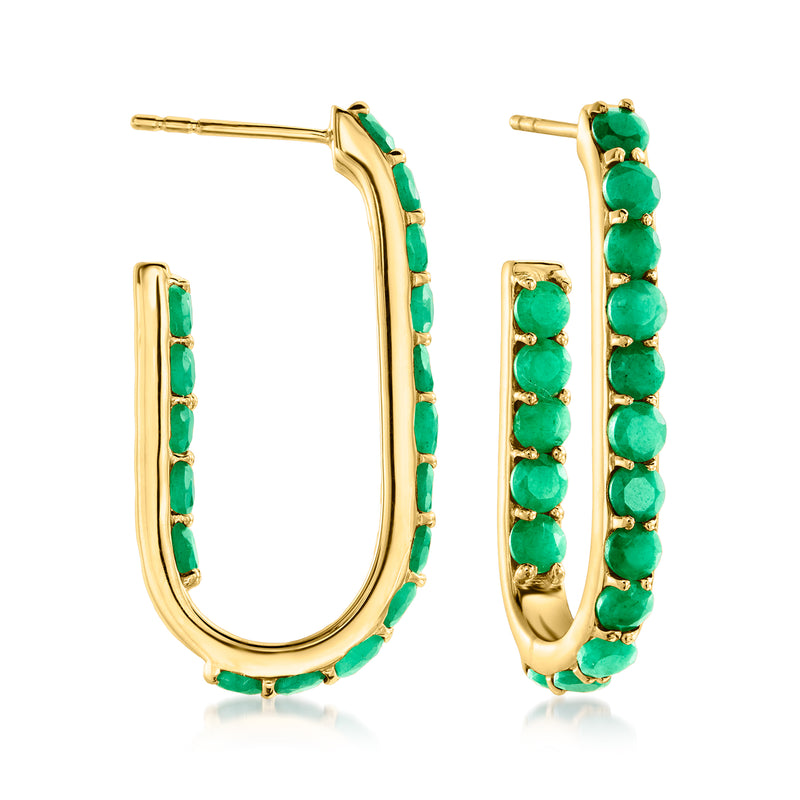 18kt gold over sterling hoop earrings with green oval emerald-look stones, hinged hoop