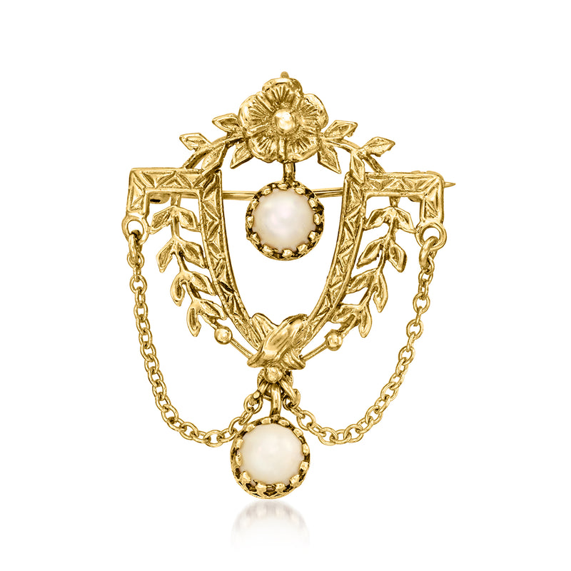 Vintage 14kt yellow gold floral pin with cultured pearl drops and dangling chains