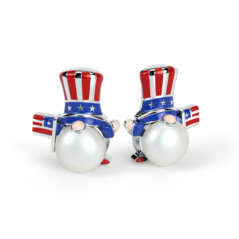 Pair of patriotic gnome stud earrings with white cultured pearl and multicolor enamel, silver