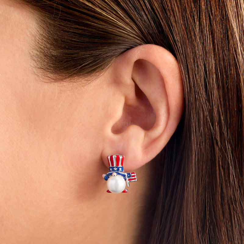 Patriotic gnome stud earring on ear: white pearl with multicolor enamel, silver post