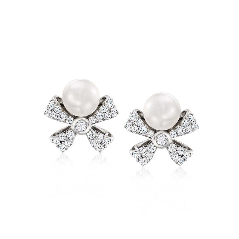 Sterling silver bow earrings with 5mm cultured pearl studs and diamond accents, post backs