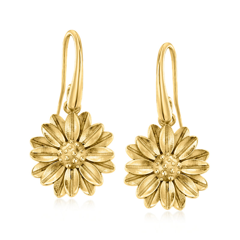 Gold daisy drop earrings with textured petals and beaded centers, on ear wires
