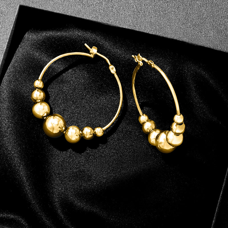 Gold bead hoop earrings with graduated spheres and hinged clasp, pair
