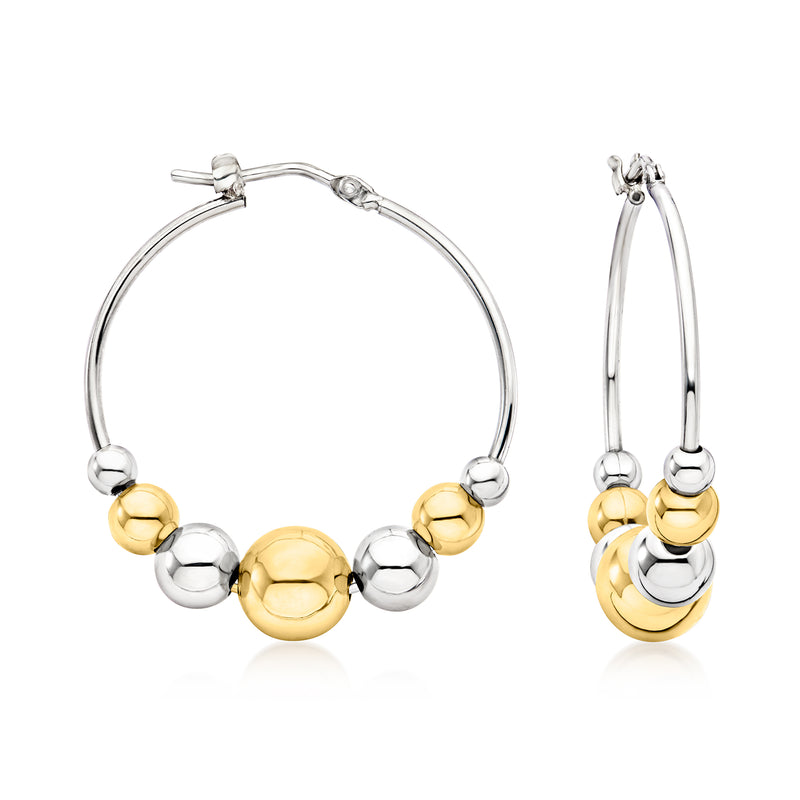 Italian Sterling Silver and 18kt Gold Over Sterling Graduated Bead Hoop Earrings