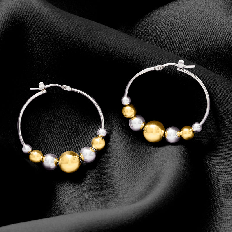 Italian Sterling Silver and 18kt Gold Over Sterling Graduated Bead Hoop Earrings