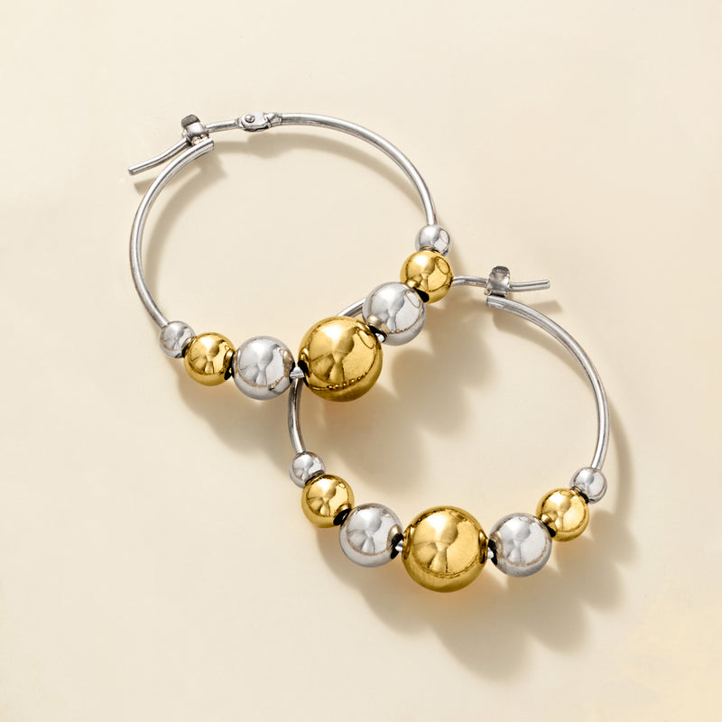 Italian Sterling Silver and 18kt Gold Over Sterling Graduated Bead Hoop Earrings