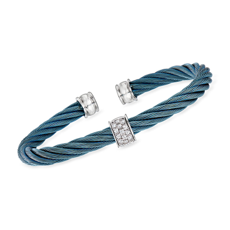 Caribbean blue cable cuff bracelet with square diamond centerpiece in white gold