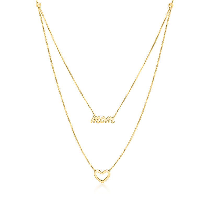 Layered 14kt yellow gold necklace with 'mom' tag and heart charm