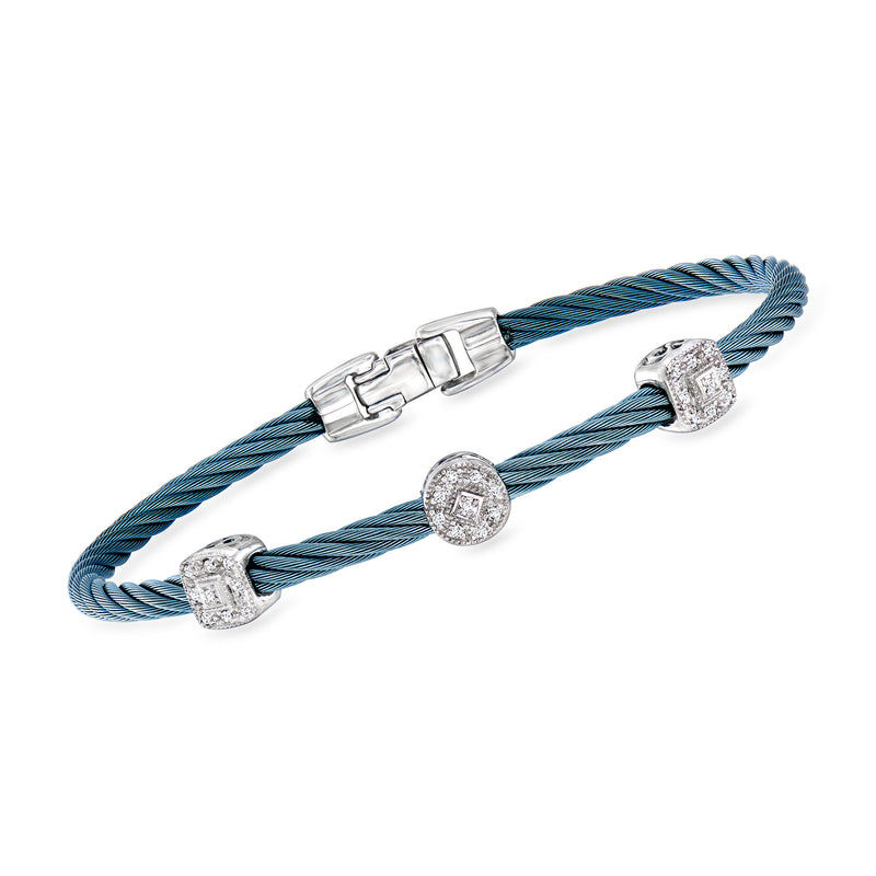 Blue braided cord station bracelet with three round diamond accents and metal clasp