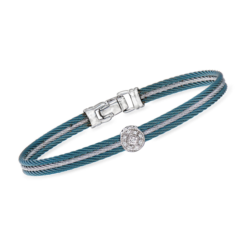 Blue and gray stainless steel cable bracelet with diamond station and toggle clasp
